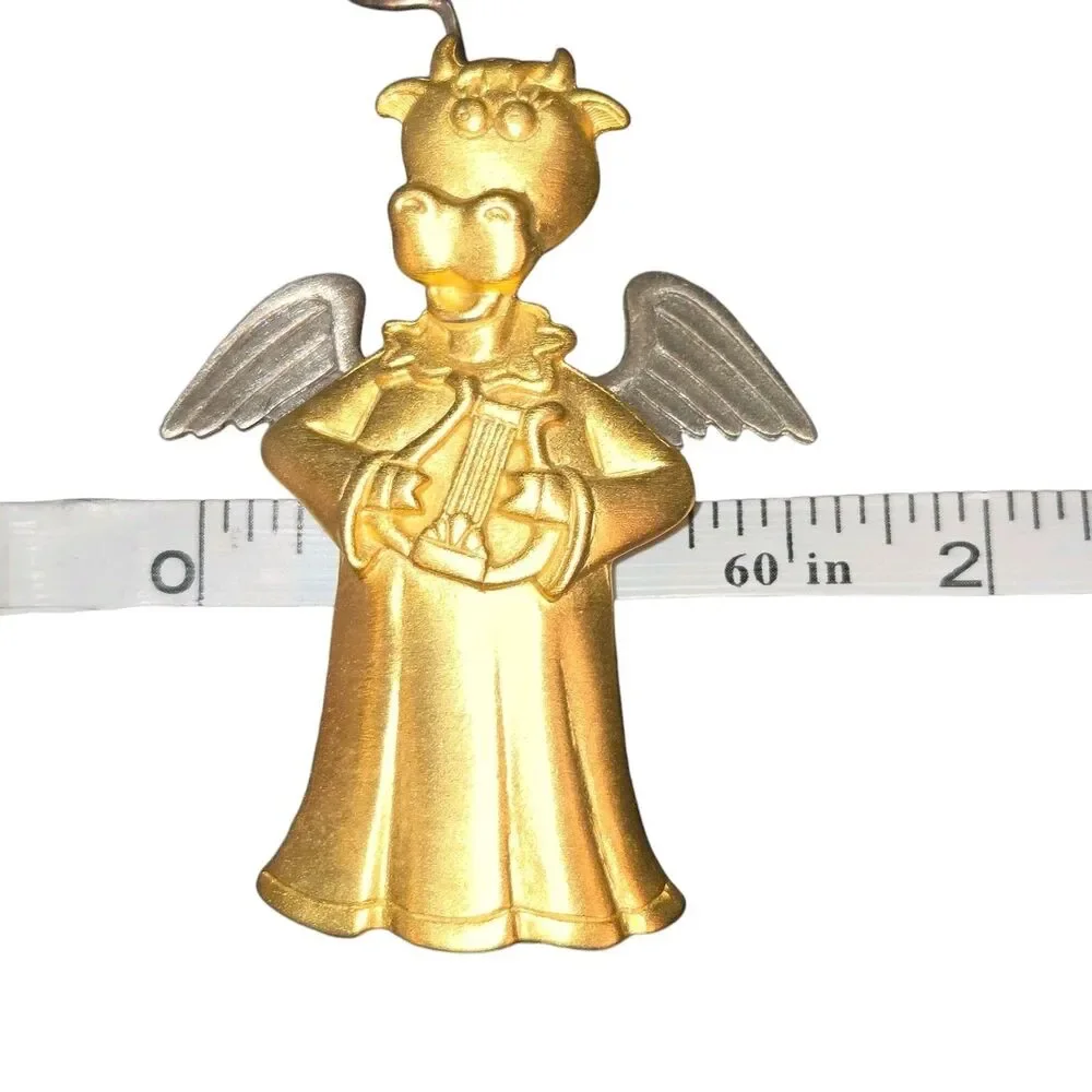 J.J. Jonette Jewelry Brass Pewter Moving Wings & Halo Angel Cow Brooch 2.5